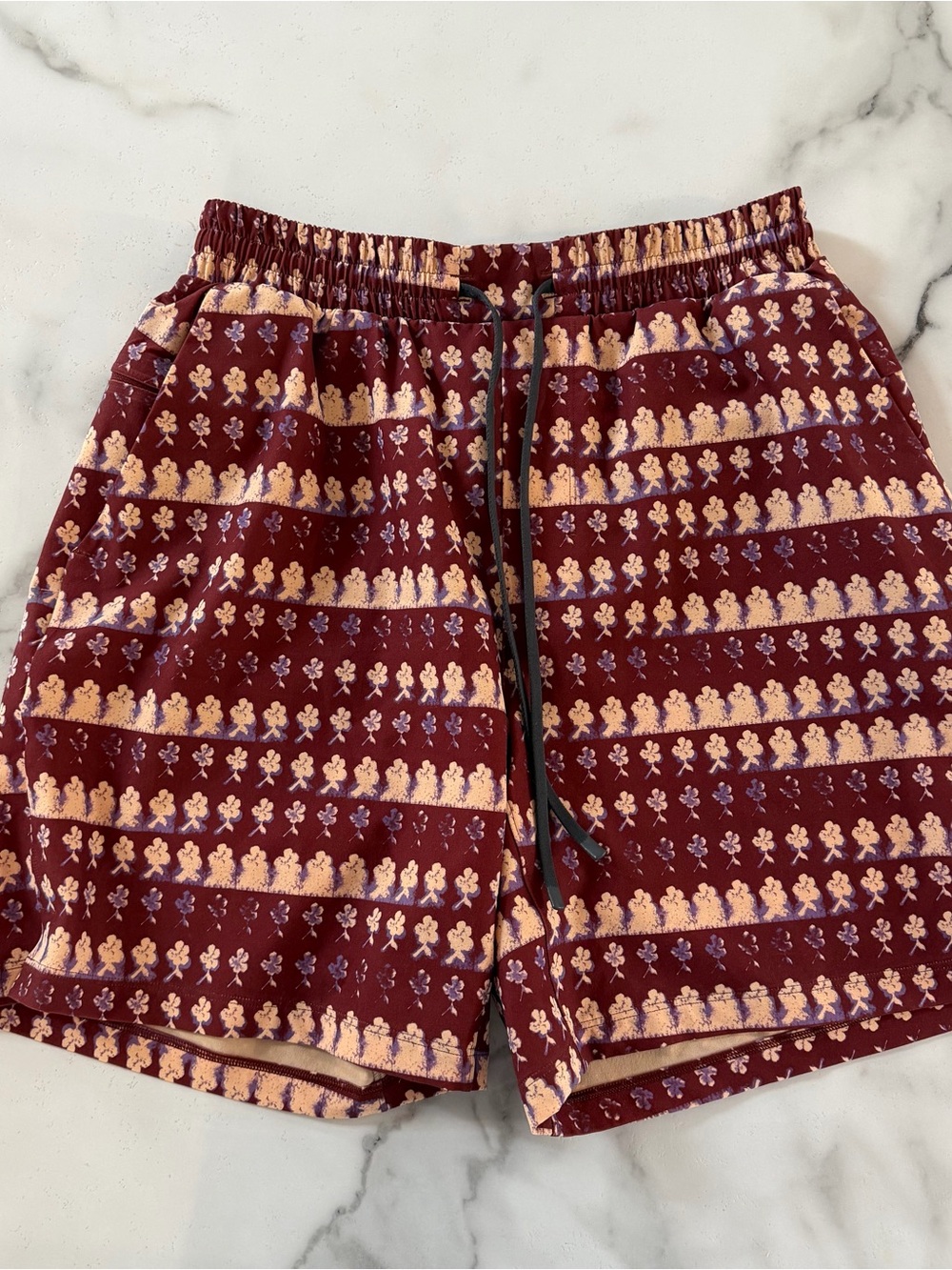 lululemon athletica Men's Burgundy Patterned Swim Shorts with Peach Accents